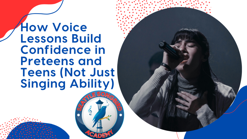 Blog featured image with title, "How Voice Lessons Build Confidence in Preteens and Teens (Not Just Singing Ability)" and a young woman singing into a microphone.