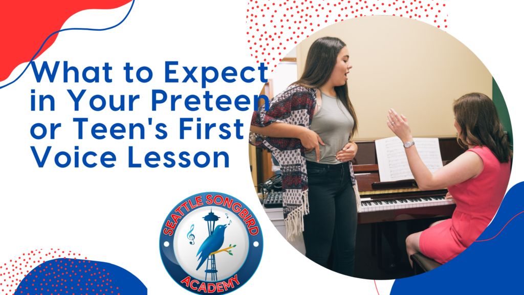 Brunette teen is standing next to a piano where her voice teacher is sitting teacher her a singing lesson. Image has the blog title: What to Expect in Your Preteen or Teen's First Voice Lesson